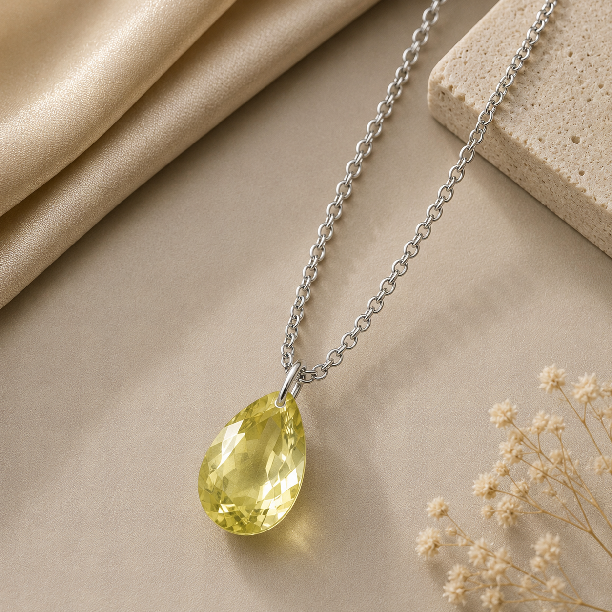 Pear Lemon Quartz Solitaire Necklace - 925 sterling Silver