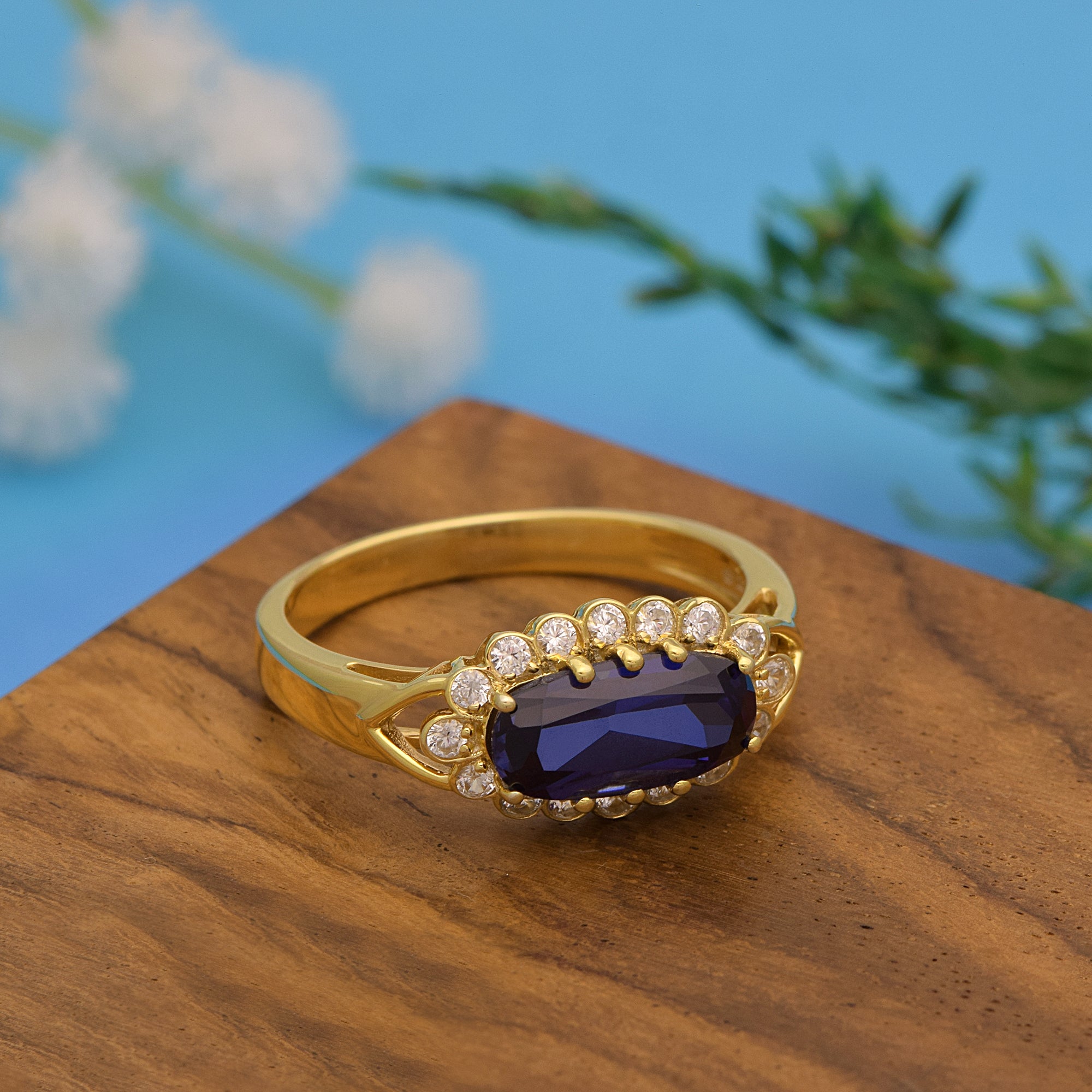 Blue Sapphire Octagon Classic Halo Ring – Sterling Silver Yellow Plated