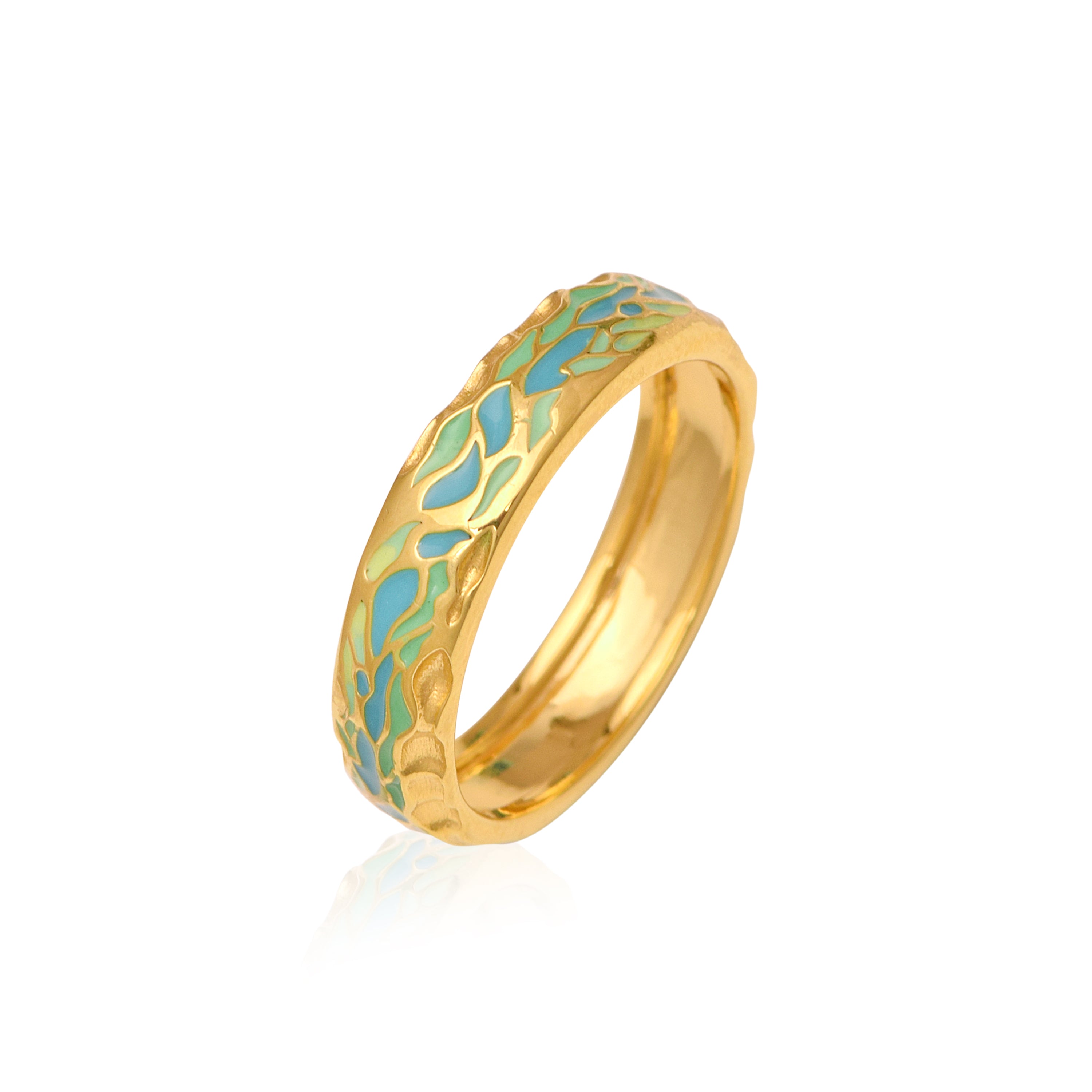 Textured Leaf Motif Turquoise Enamel Band – Sterling Silver