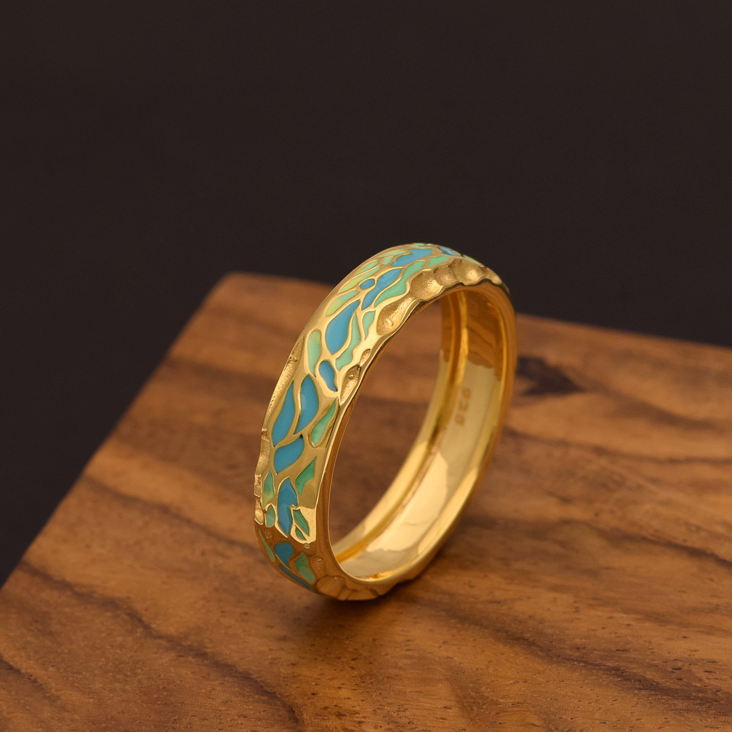 Textured Leaf Motif Turquoise Enamel Band – Sterling Silver