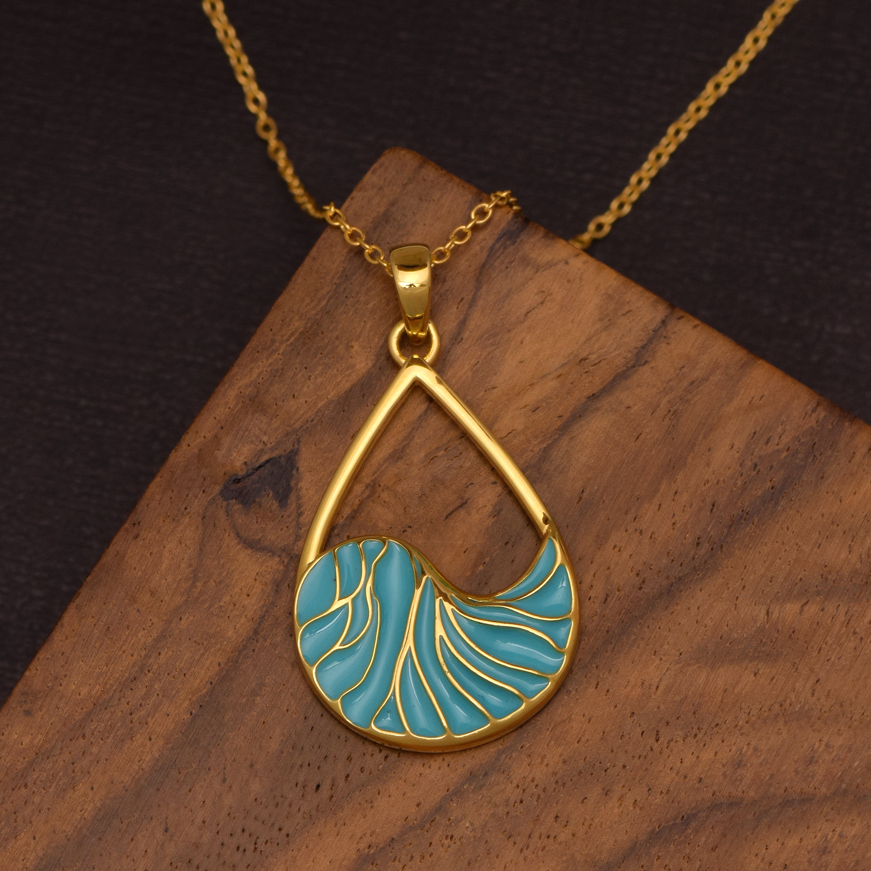Wave Motif Turquoise Enamel Teardrop Necklace – Sterling Silver Yellow Plated