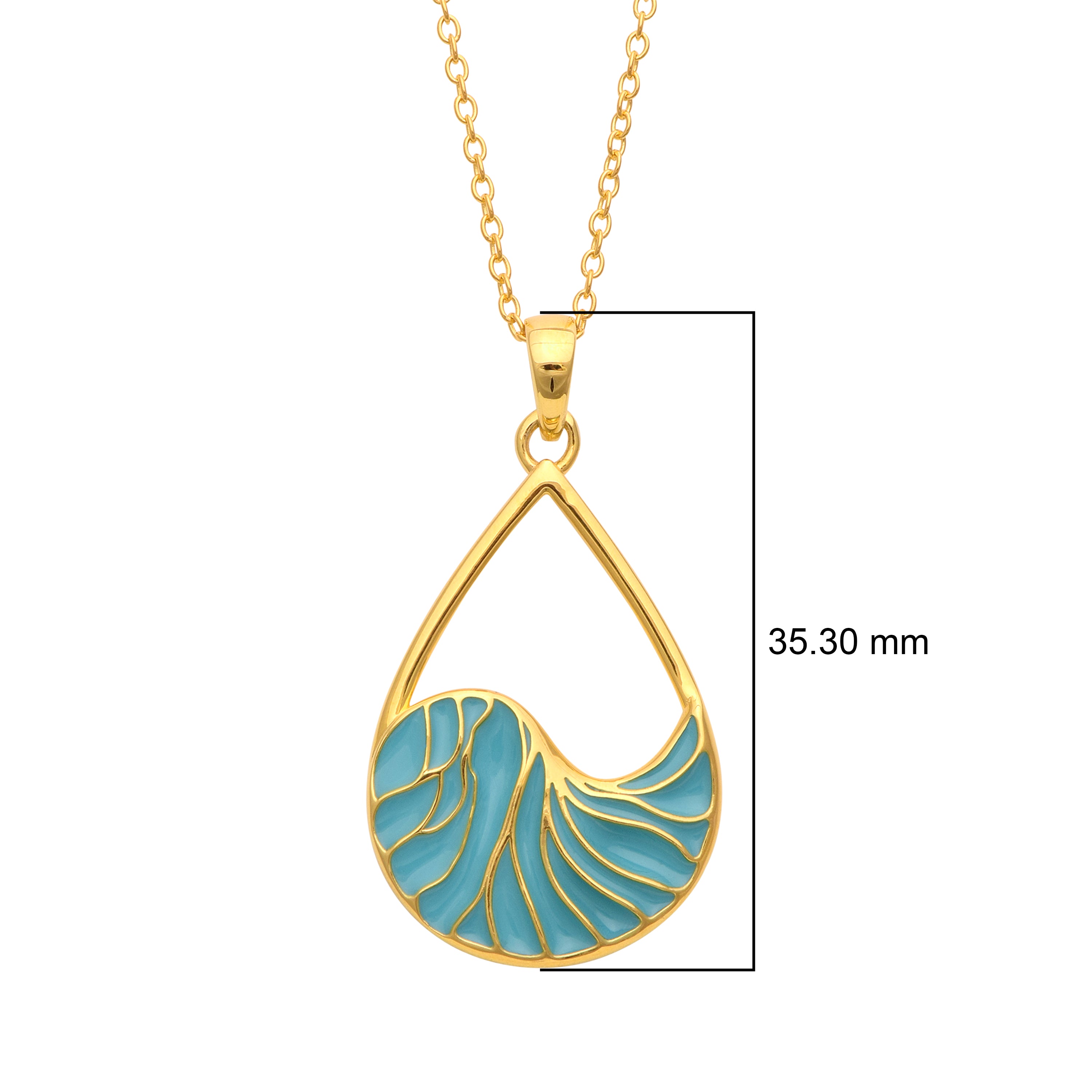 Wave Motif Turquoise Enamel Teardrop Necklace – Sterling Silver Yellow Plated