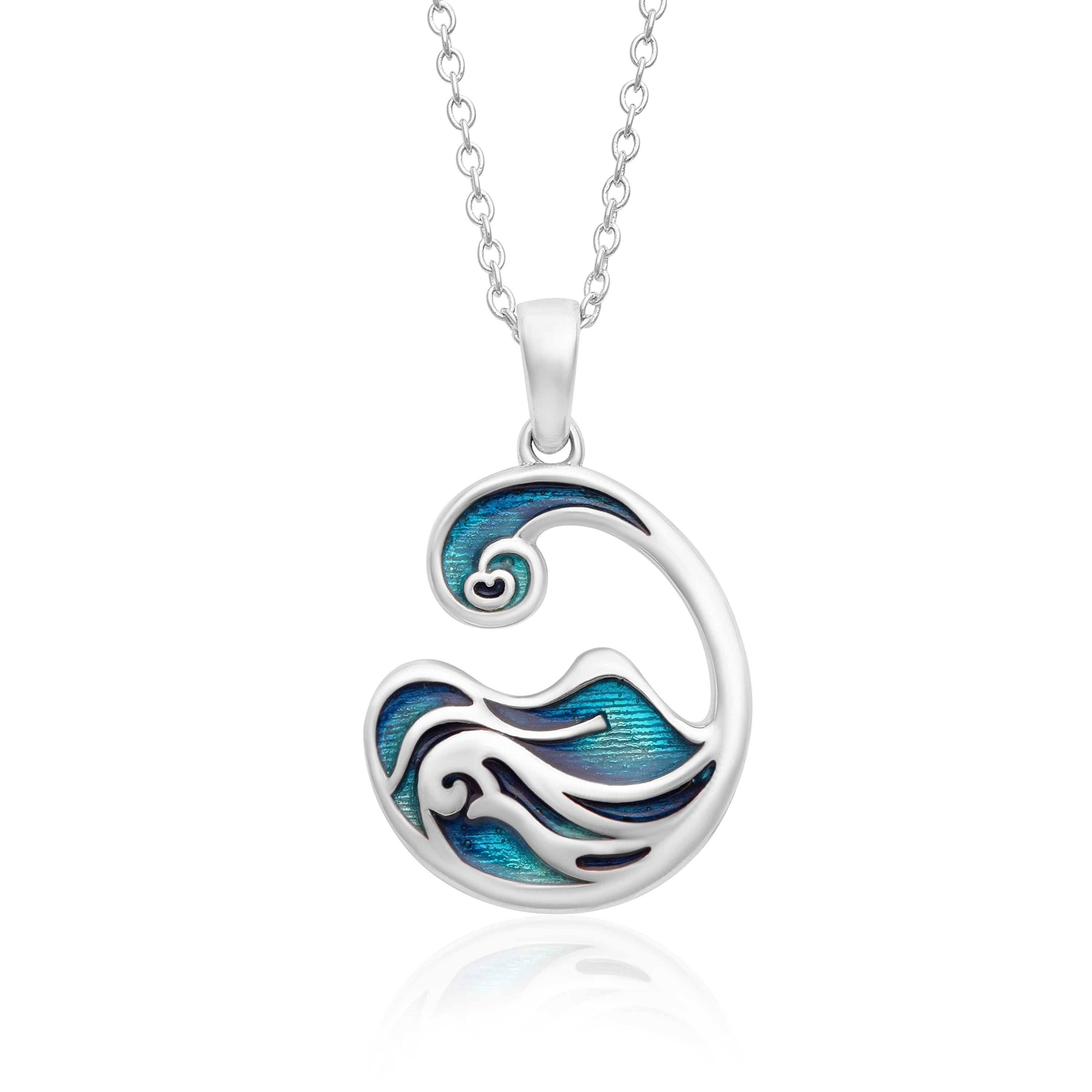 Blue Enamel Wave Ocean Swirl Necklace – Sterling Silver