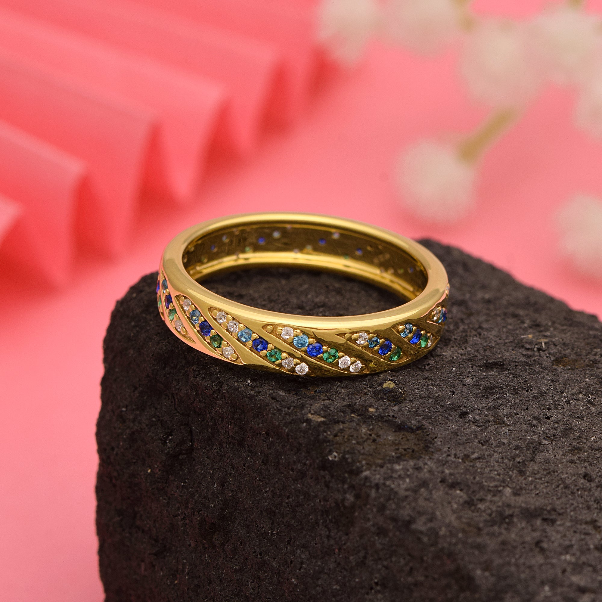 Multi-Stone Band Ring – Sterling Silver Yellow Plated