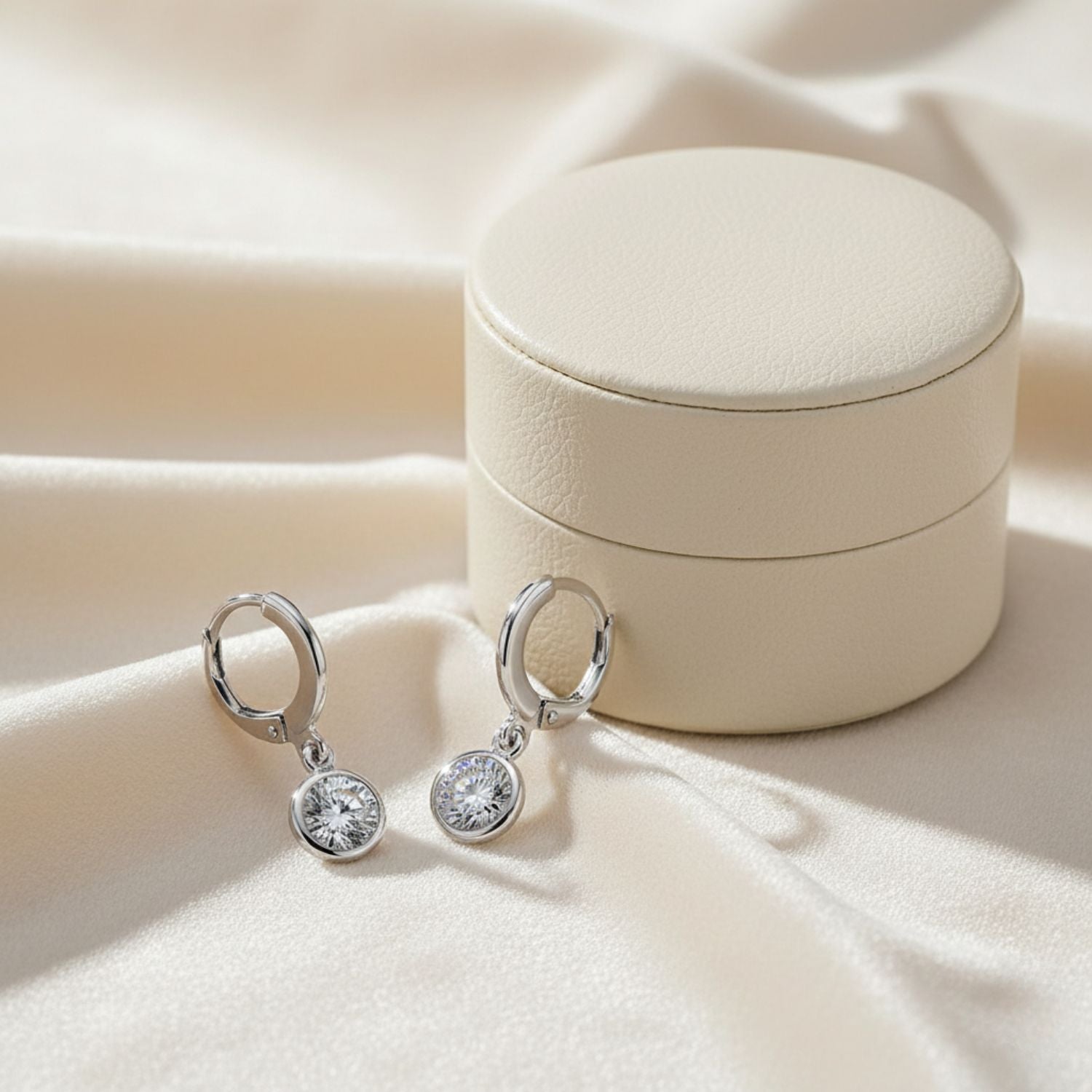 White CZ Drop Hoop Earrings - 925 Sterling Silver