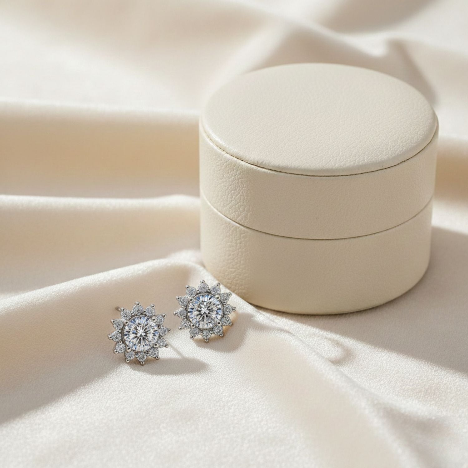 White Cubic Zirconia Halo Stud Earrings – Floral Cluster Design