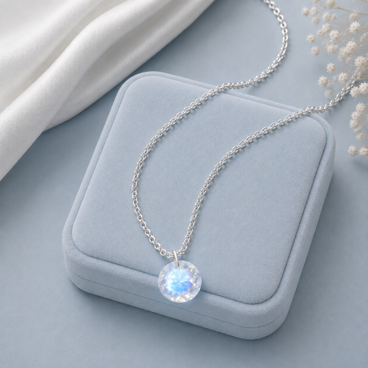 Round Moonstone Solitaire Necklace - 925 sterling Silver
