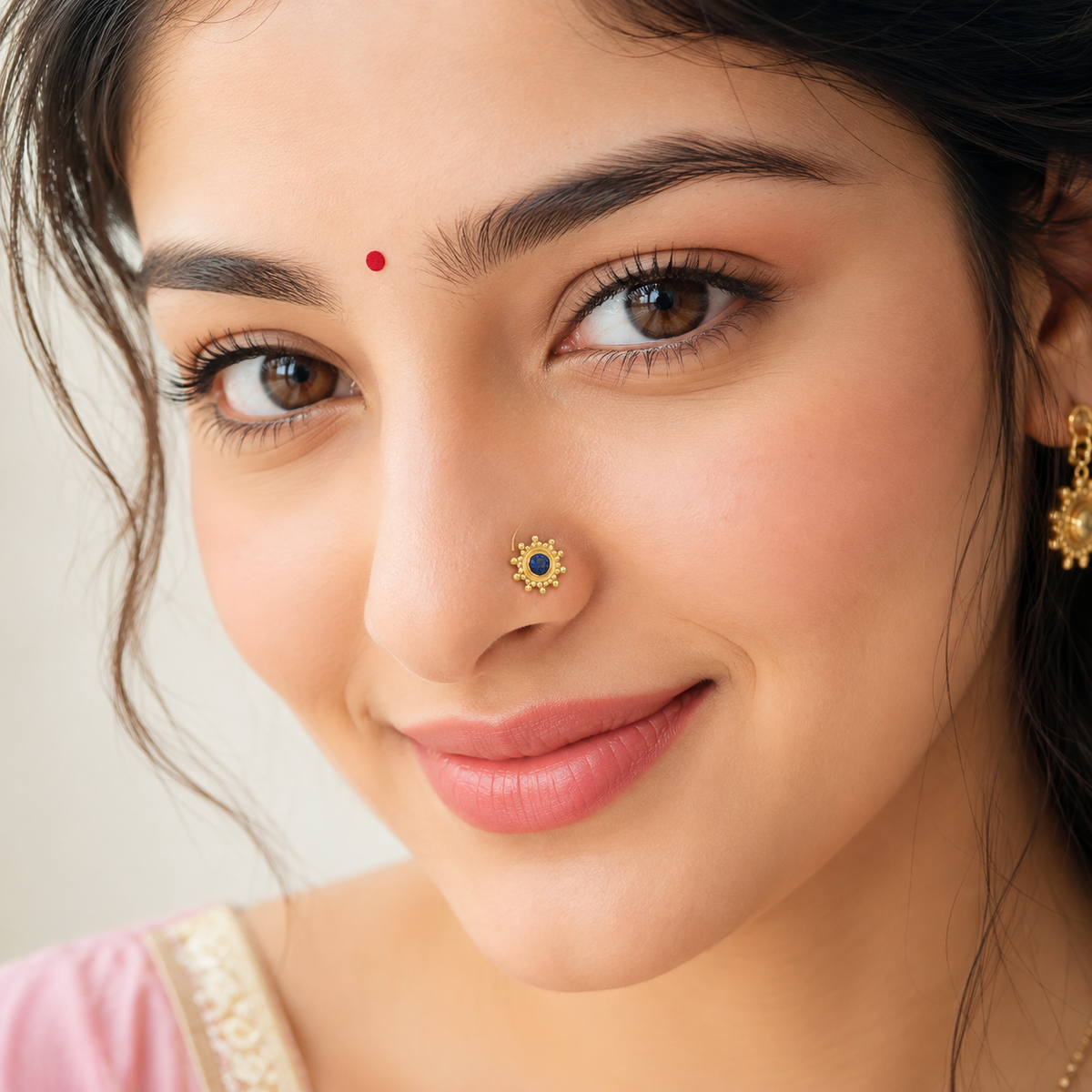 Multi Stone Sunburst Floral Design Nose Pin - Gold Plated 925 Silver