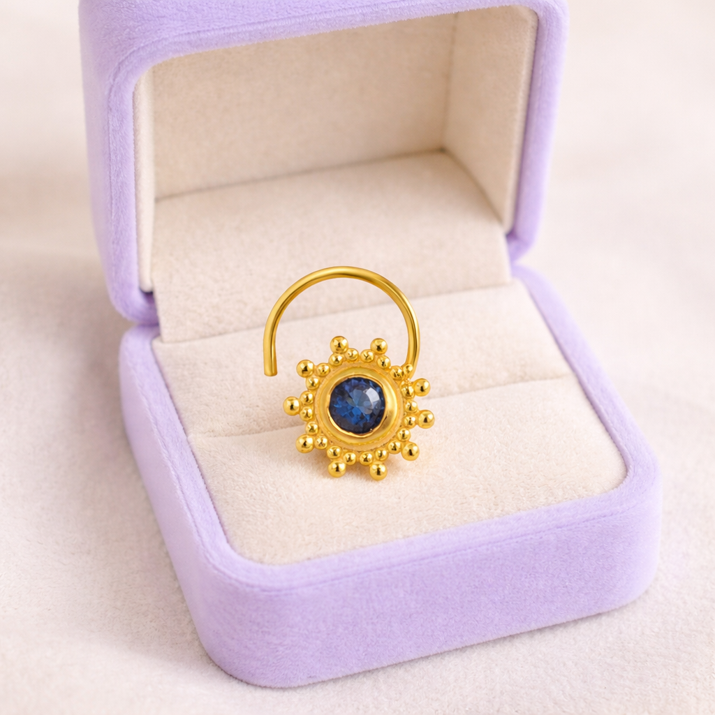 Multi Stone Sunburst Floral Design Nose Pin - Gold Plated 925 Silver