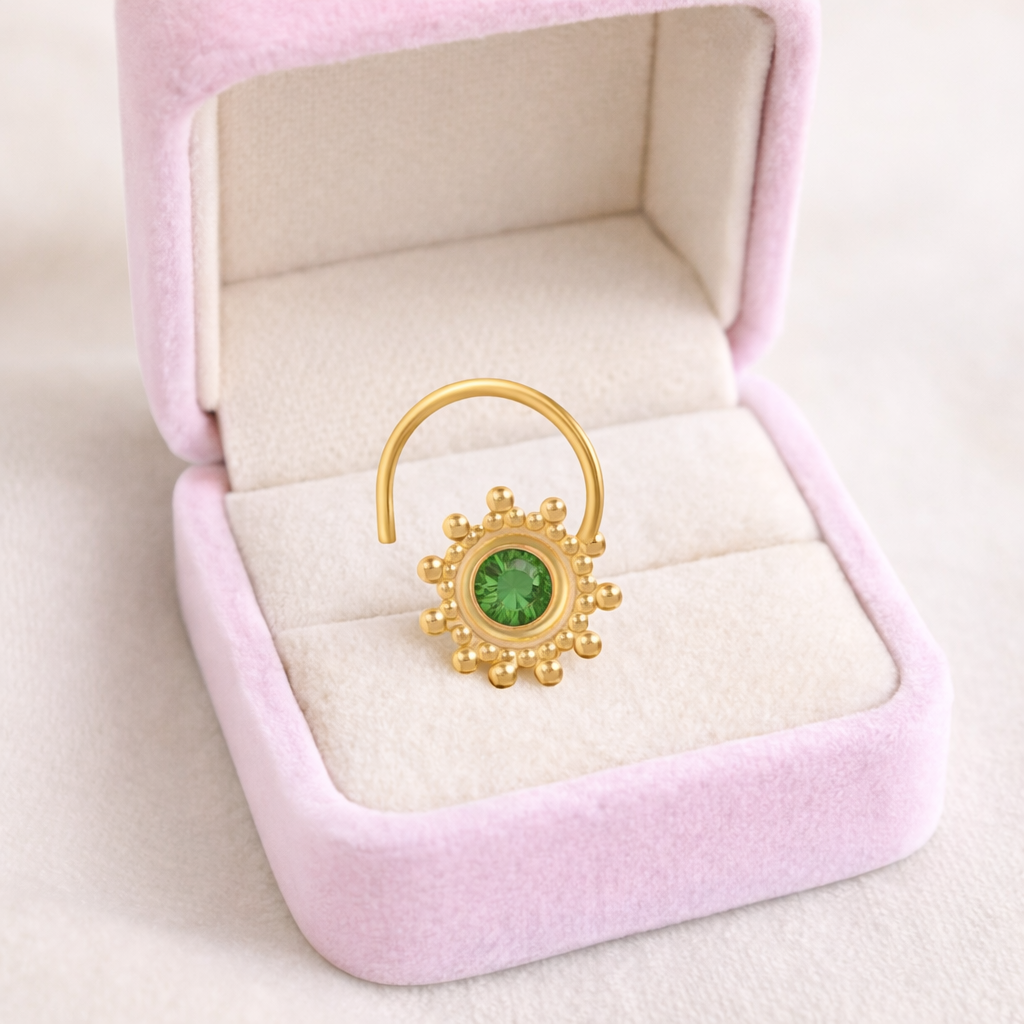 Multi Stone Sunburst Floral Design Nose Pin - Gold Plated 925 Silver