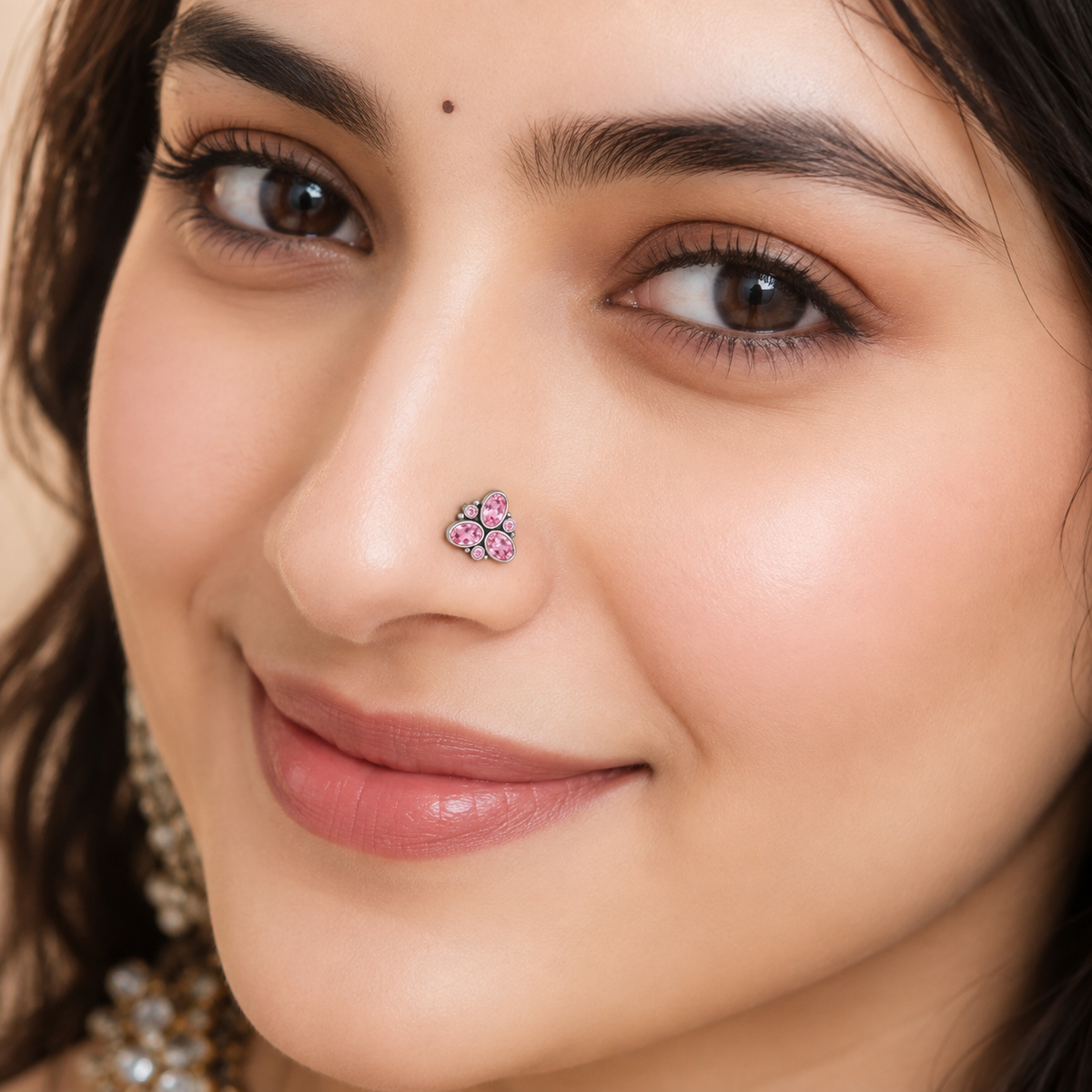 Pink Trio Gemstone Nose Pin – Sterling Silver