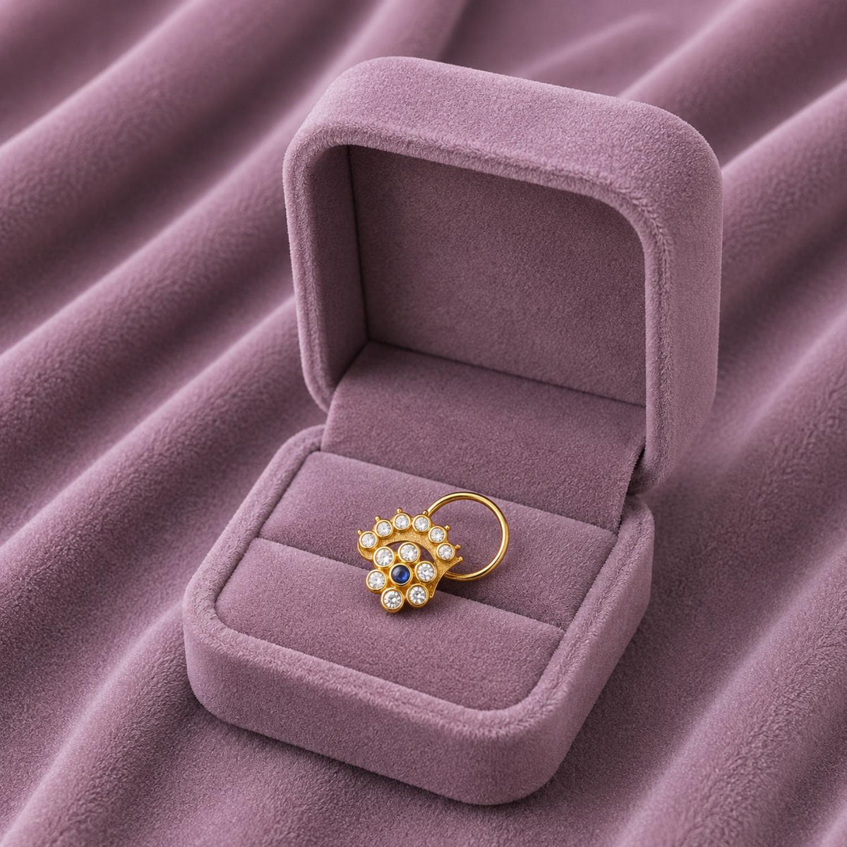 Blue Sapphire & White CZ Floral Crown Motif Nose - Sterling Silver Gols Plated