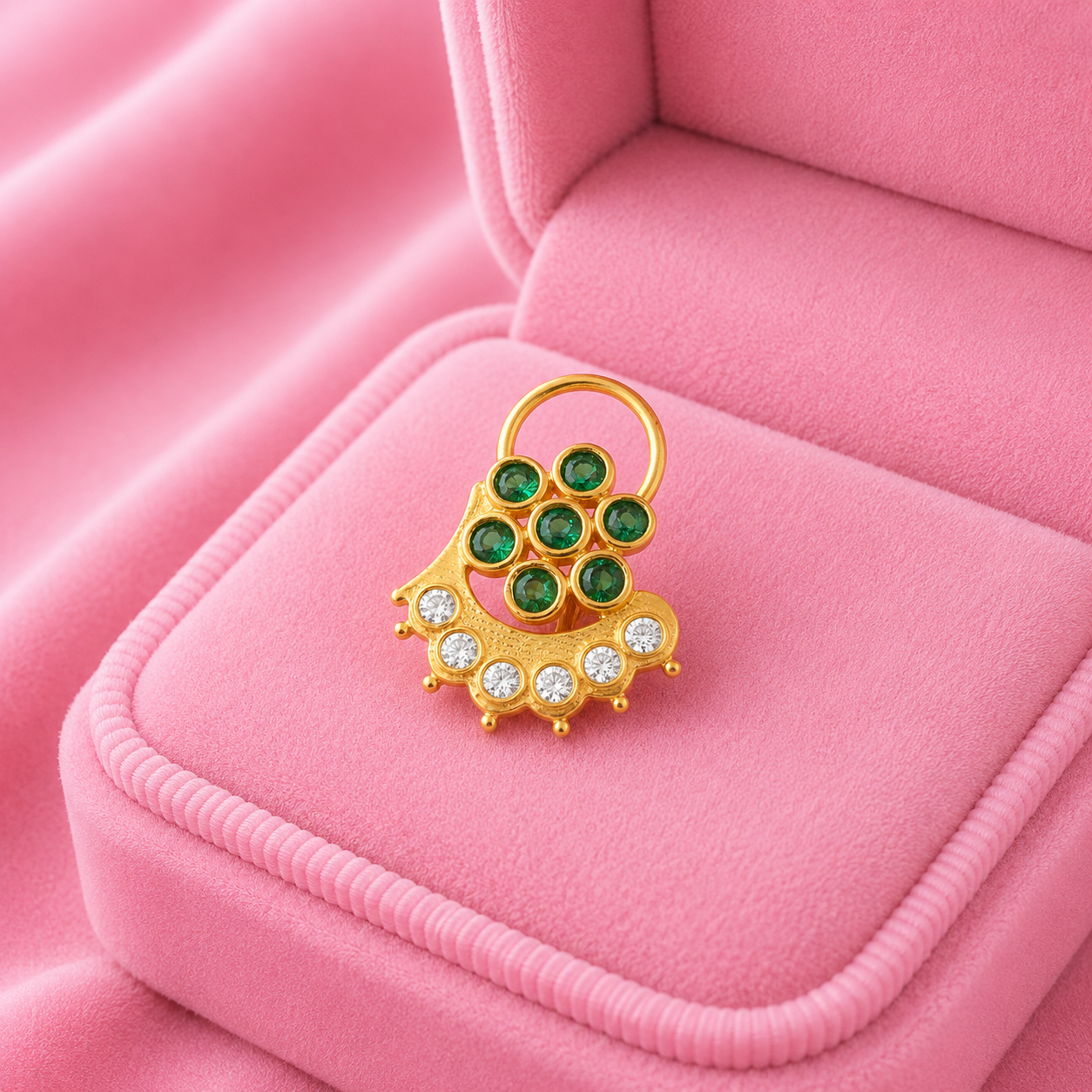 Green & White CZ Floral Arc Motif Nose Pin - Sterling Silver Gold Plated