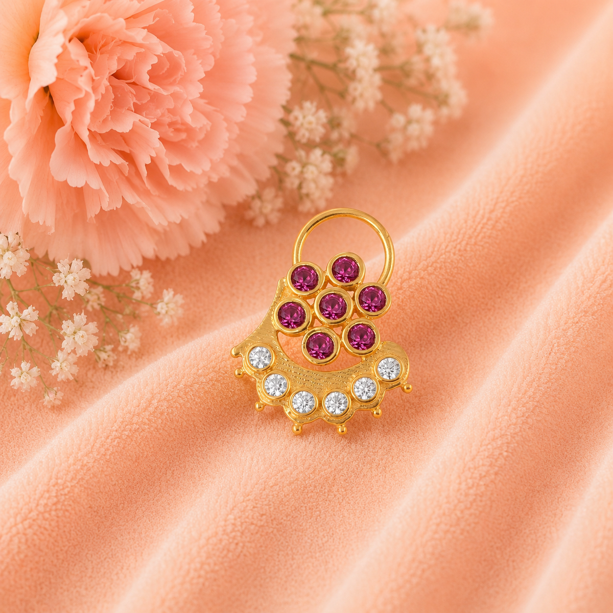 Ruby Pink & White CZ Floral Arc Motif Nose Pin - Sterling Silver Gold Plated