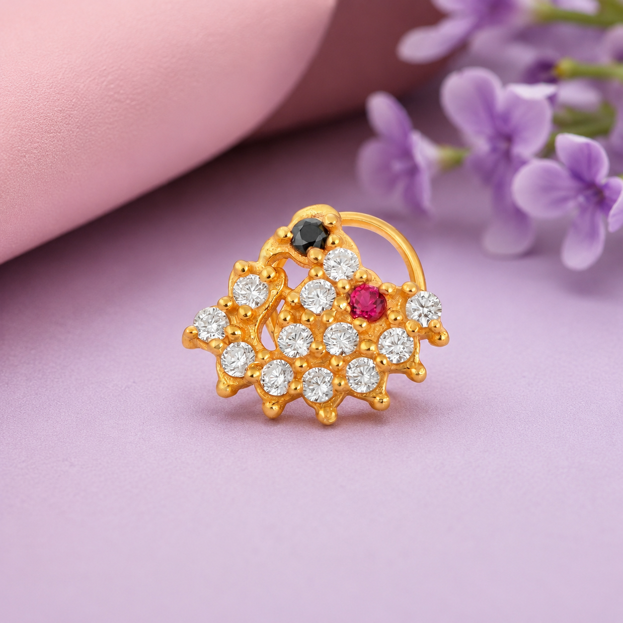 Multicolor CZ in Floral Net Motif Cluster Nose Pin - Sterling Silver Gold Plated