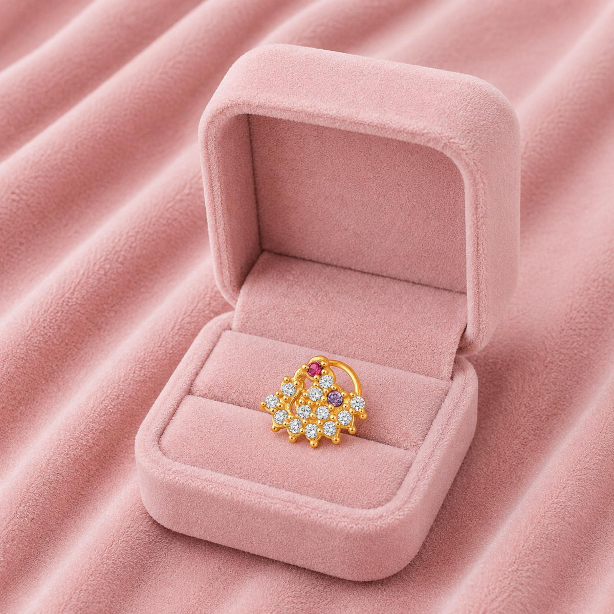 White, Pink & Violet CZ Floral Net Cluster Nose Pin - Sterling Silver Gold Plated