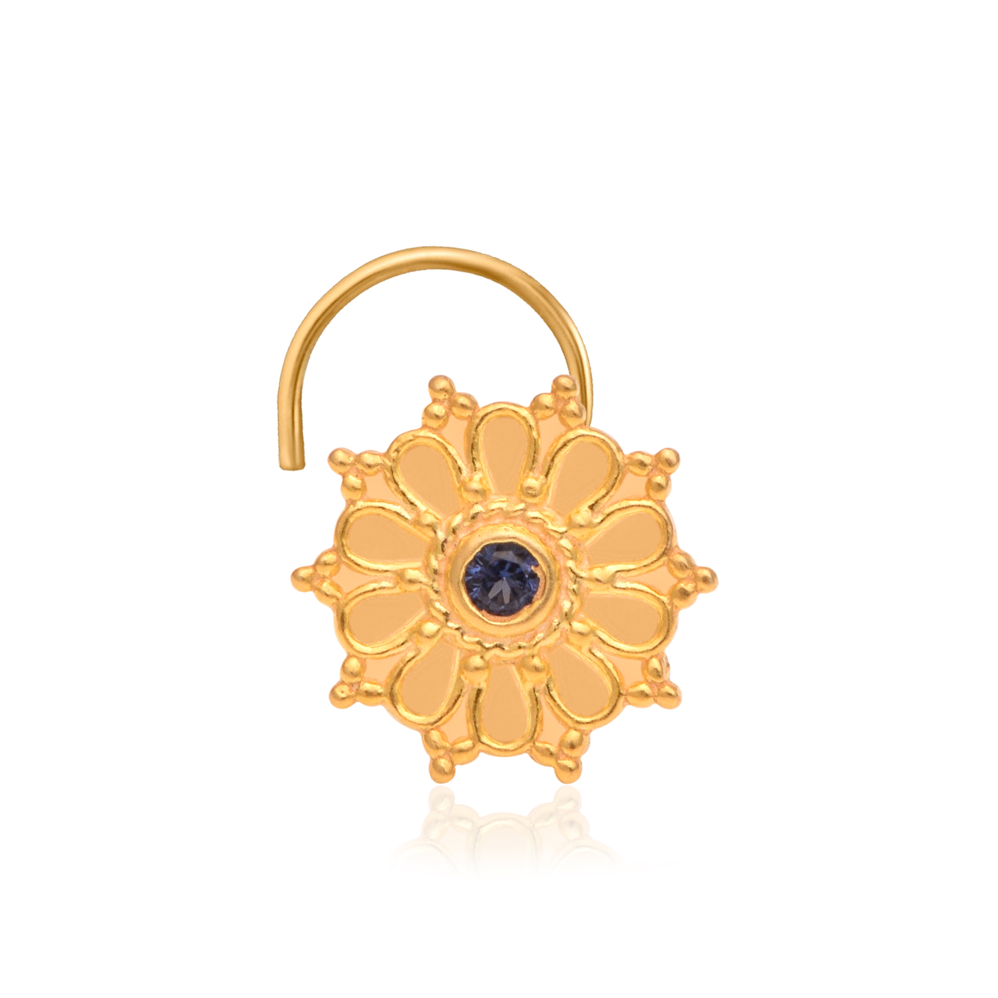 Gold Plated Floral Nose Pin with Blue CZ Center Stone – Traditional Mandala Design