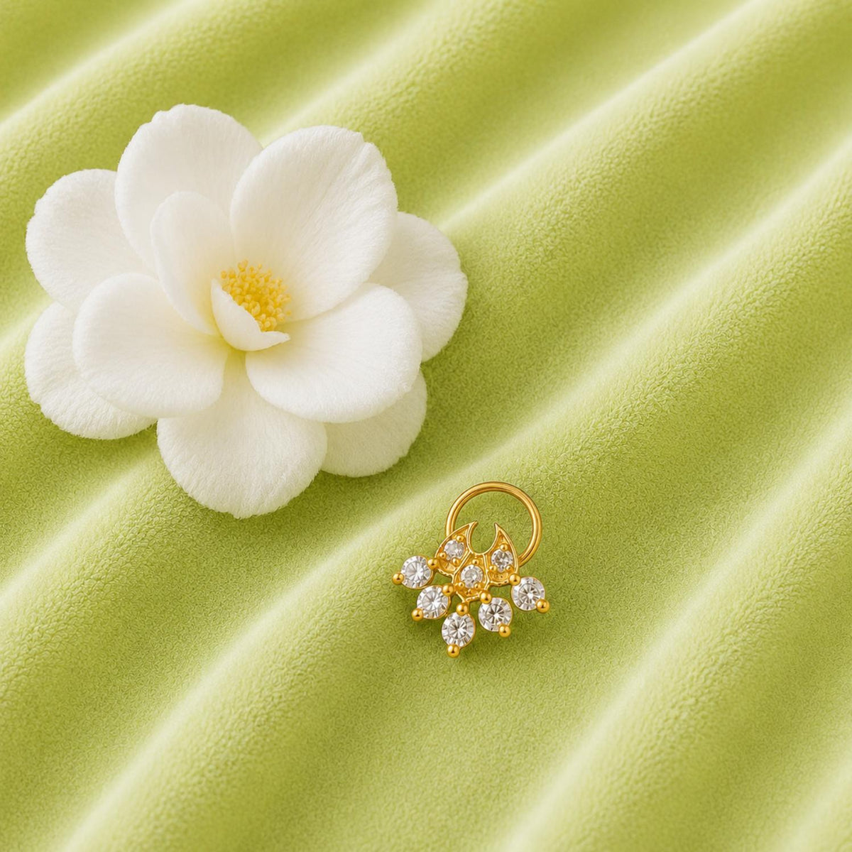 White CZ in Crescent Drop Ethnic Nose Pin - Sterling Silver Gold Plated