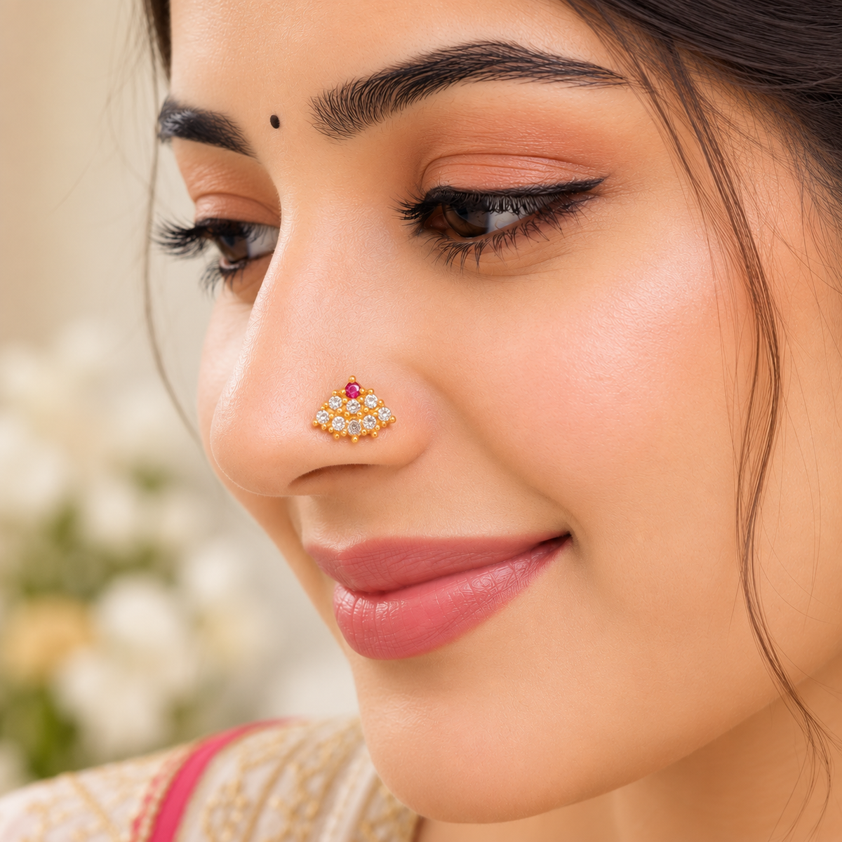 White & Pink CZ Cluster Traditional Nose Pin - Sterling Silver Gold Plated