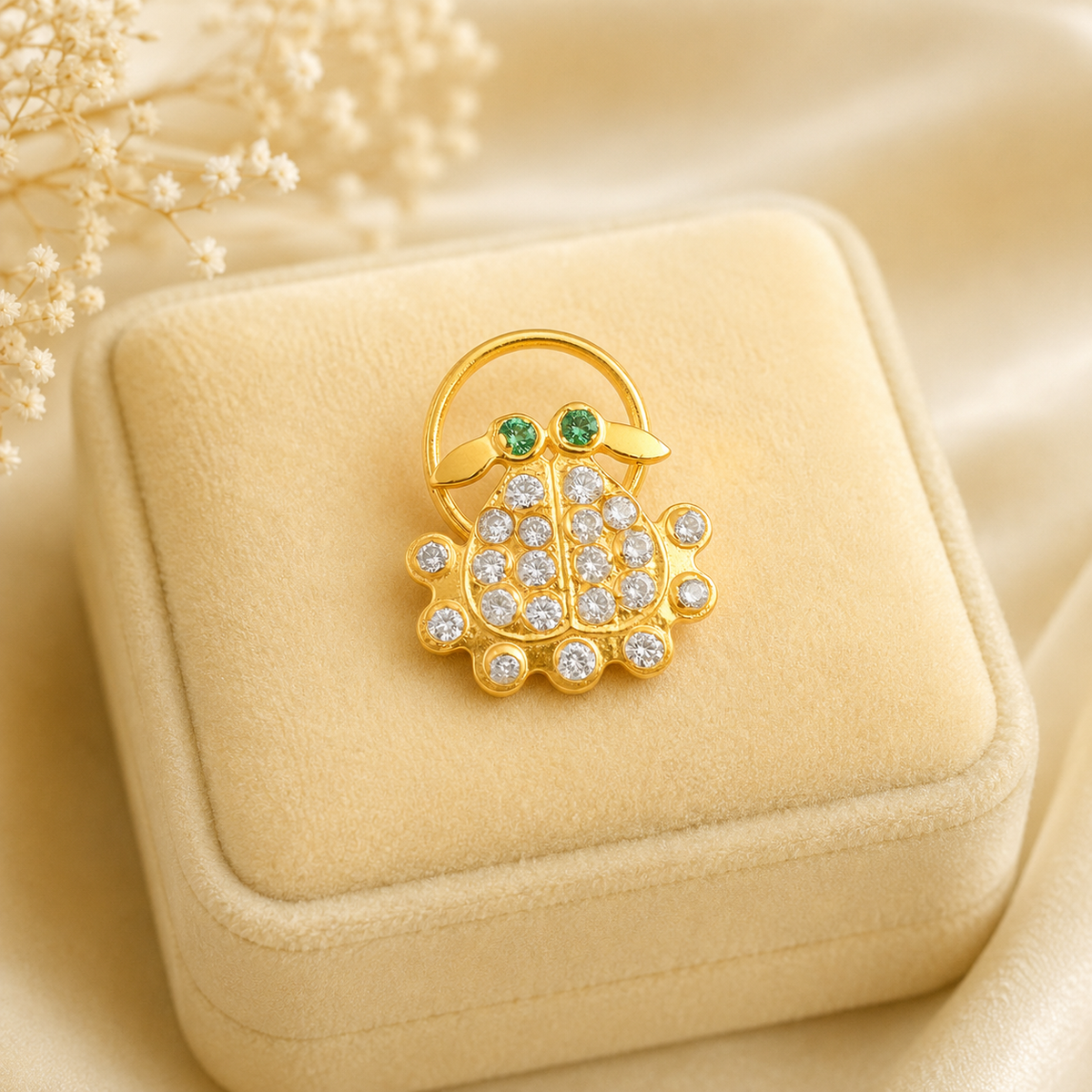 White CZ Body with Green CZ Eyes Crab Nose Pin - Sterling Silver Gold Plated