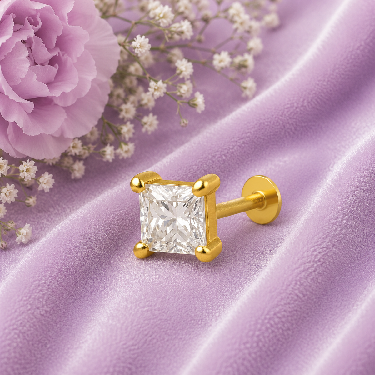 White CZ Princess Cut Solitaire Nose Pin – Sterling Silver Gold Plated