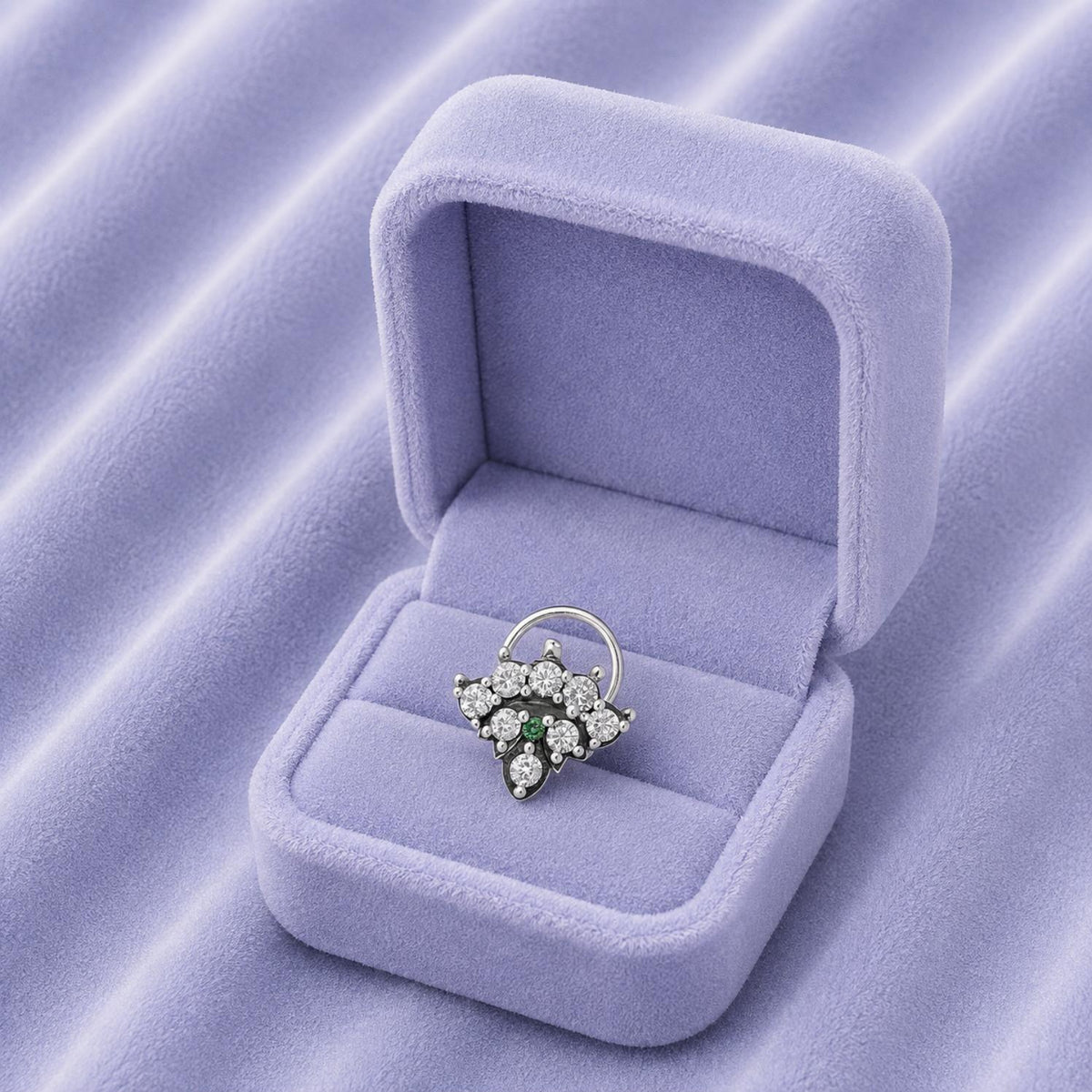 Green & White CZ Floral Cluster Nose Pin - Oxidized Sterling Silver