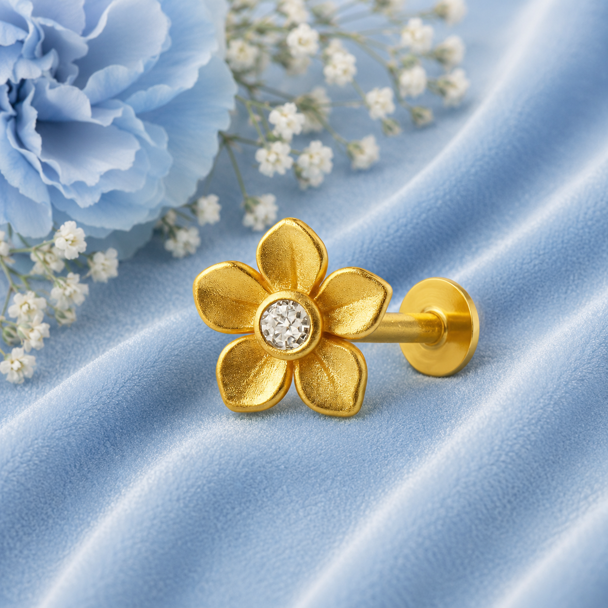White CZ Center Five-Petal Floral Nose Pin – Sterling Silver Gold Plated