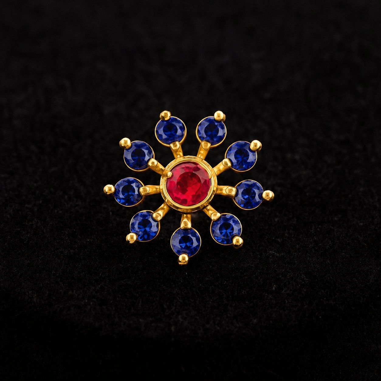 Red CZ & Blue Sapphire Style Cluster Floral Nose Pin - Gold Plated Sterling Silver