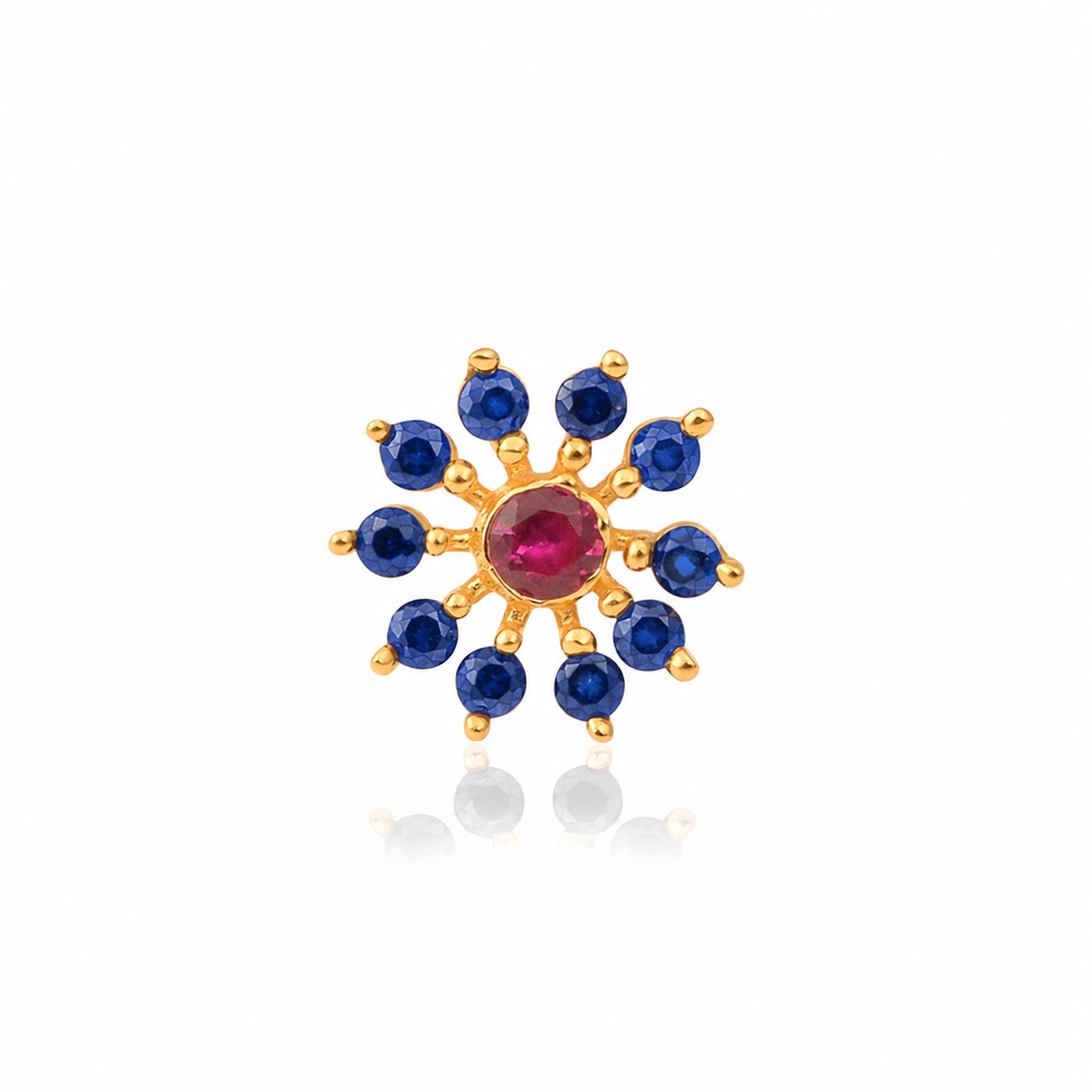 Red CZ & Blue Sapphire Style Cluster Floral Nose Pin - Gold Plated Sterling Silver