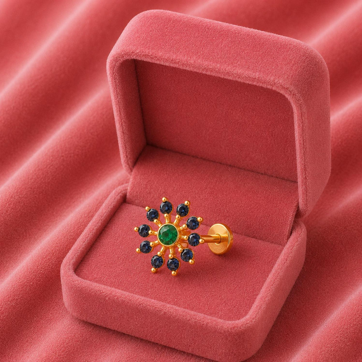 Green CZ & Blue CZ Sunburst Floral Nose Pin - Gold Plated Sterling Silver
