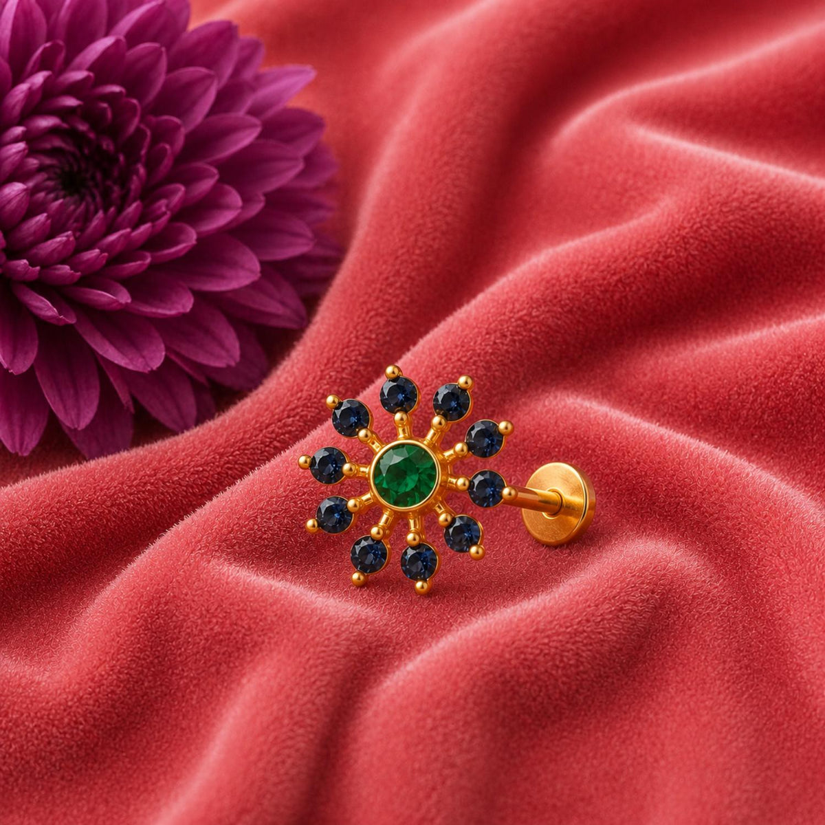 Green CZ & Blue CZ Sunburst Floral Nose Pin - Gold Plated Sterling Silver