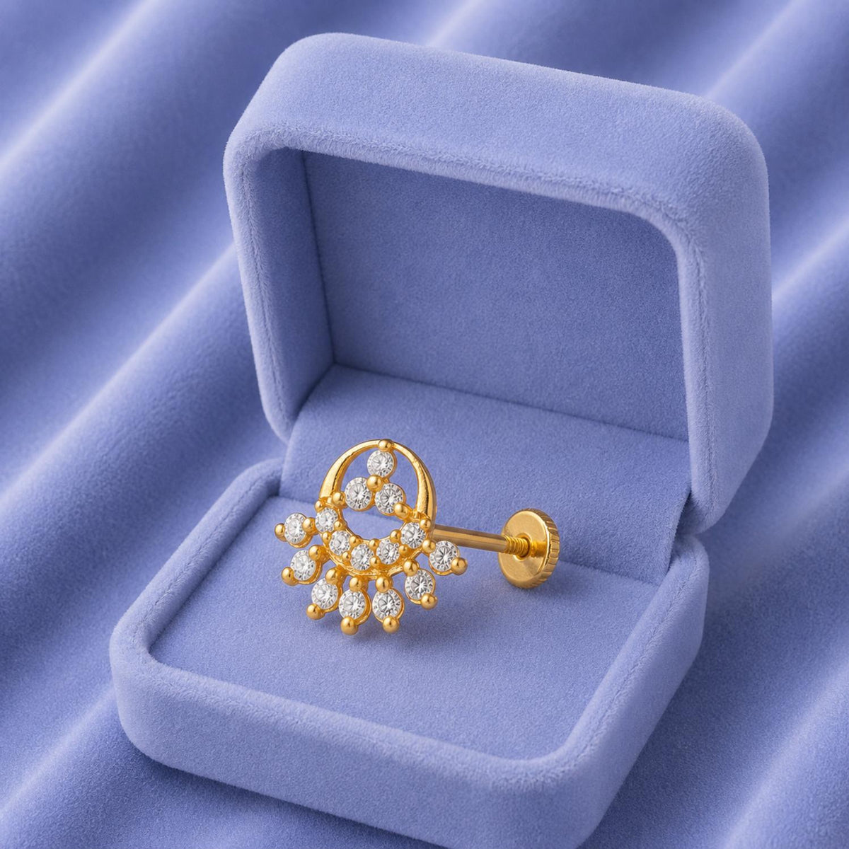 White CZ Chand Nose Pin - Gold Plated 925 Silver