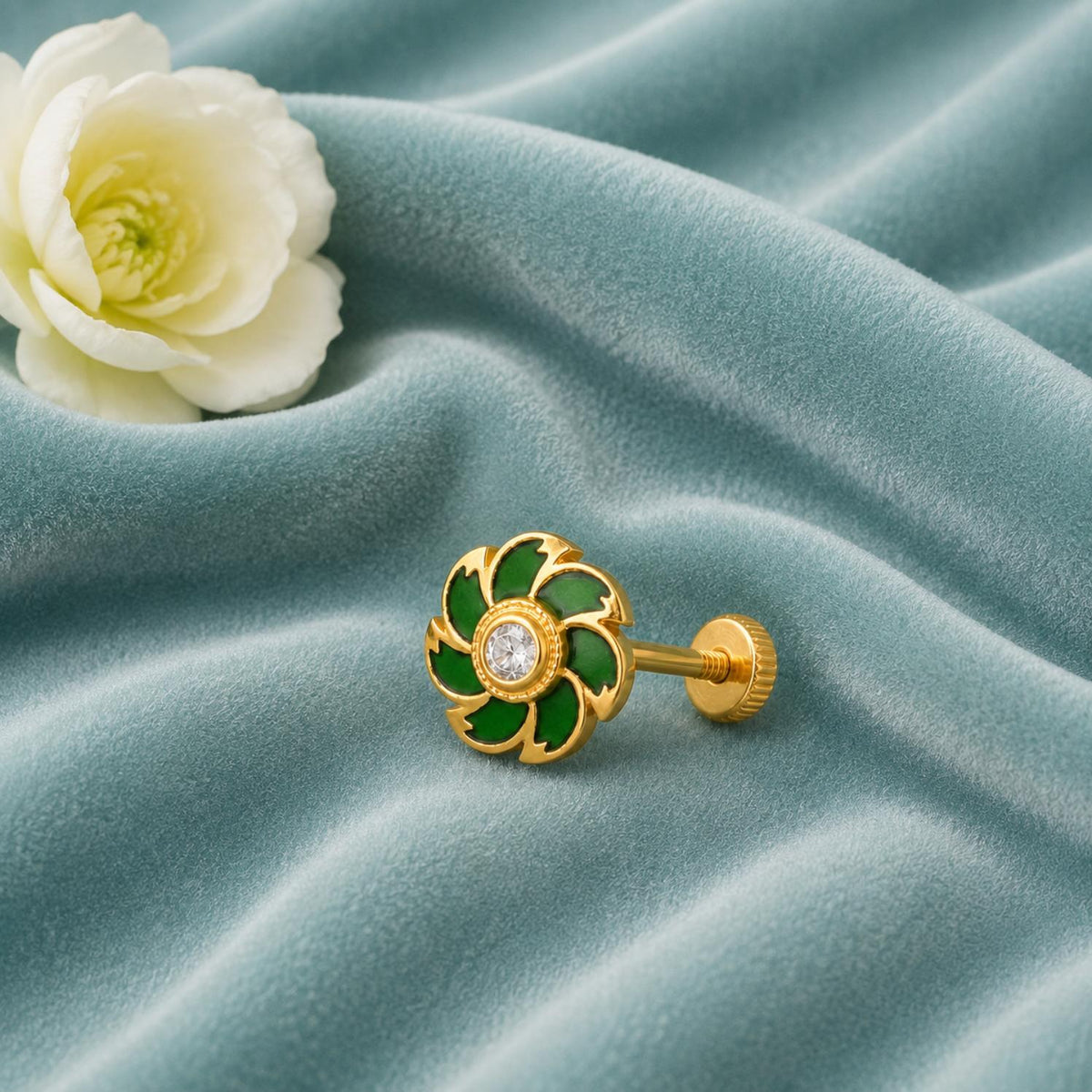 White CZ Center Green Enamel Floral Nose Pin - Sterling Silver Gold Plated