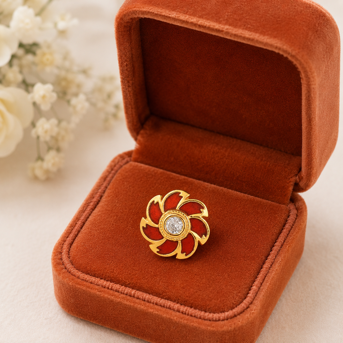 White CZ Center Red Enamel Floral Nose Pin - Srerling Silver Gold Plated