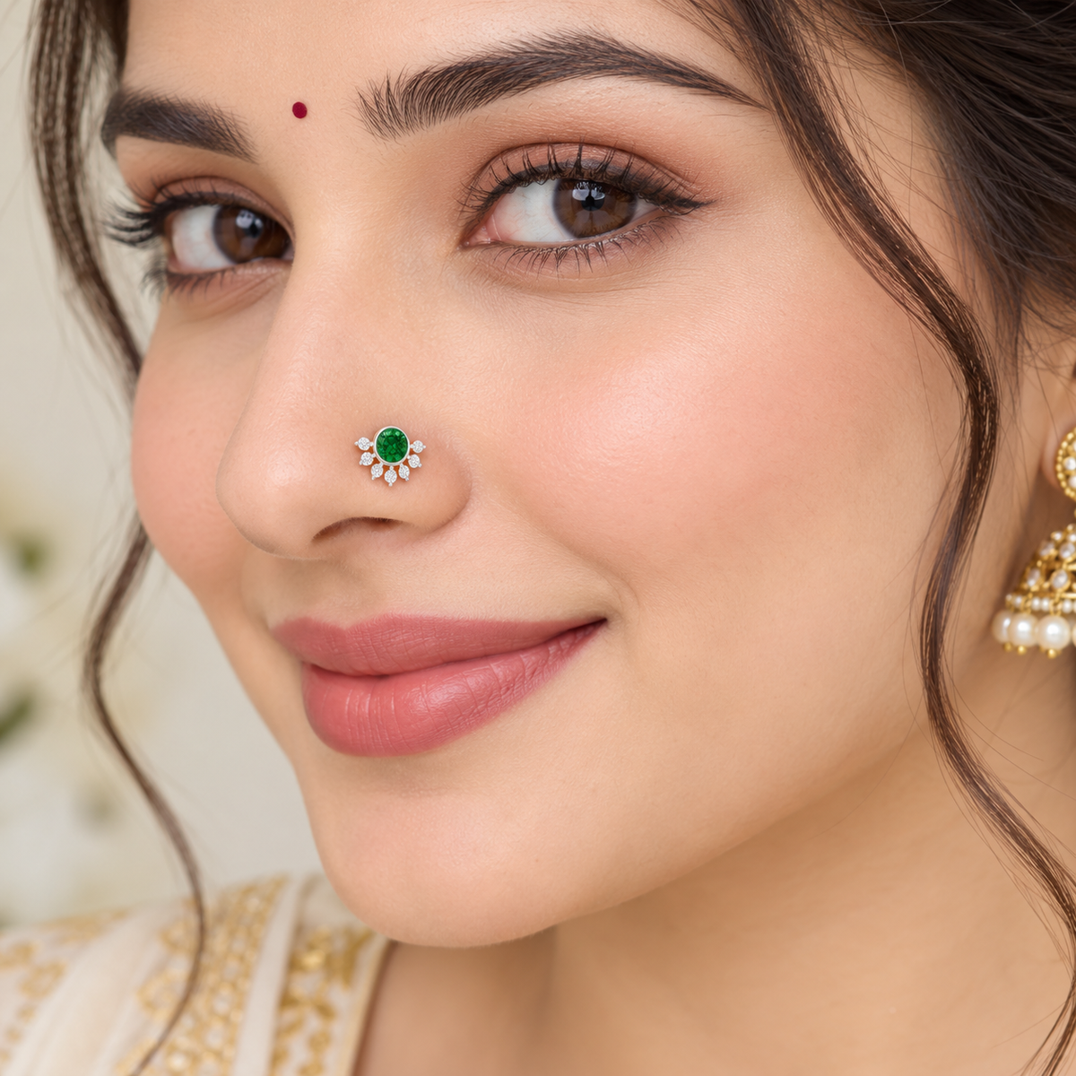 Green CZ Floral Nose Pin - Gold Plated 925 Silver