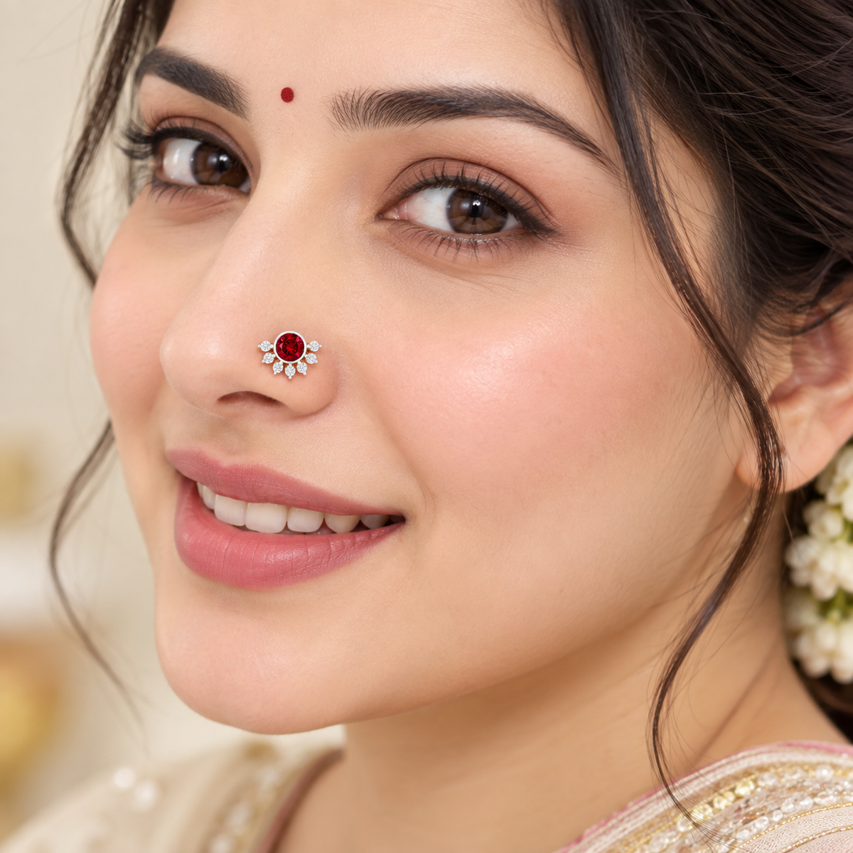 Red CZ Floral Nose Pin - Gold Plated 925 Silver