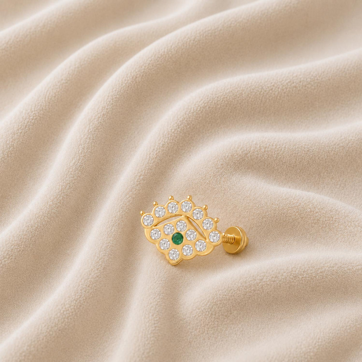Green & White CZ Crown Motif Nose Pin - Sterling Silver Gold Plated
