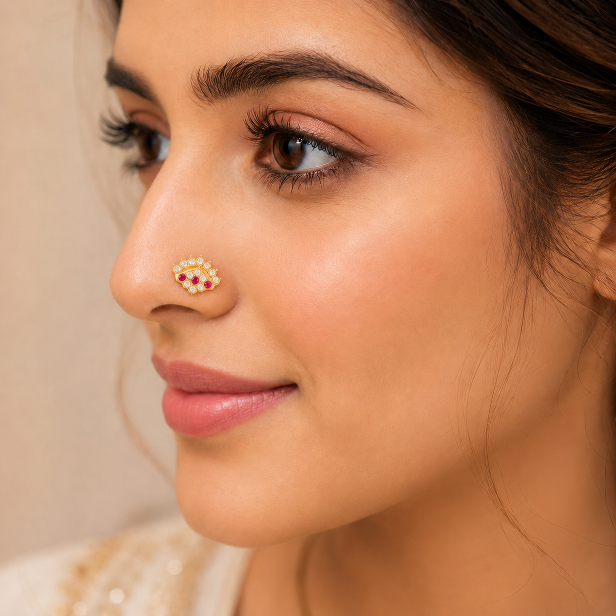 Pink & White CZ Designer Nose Pin - Sterling Silver Gold Plated