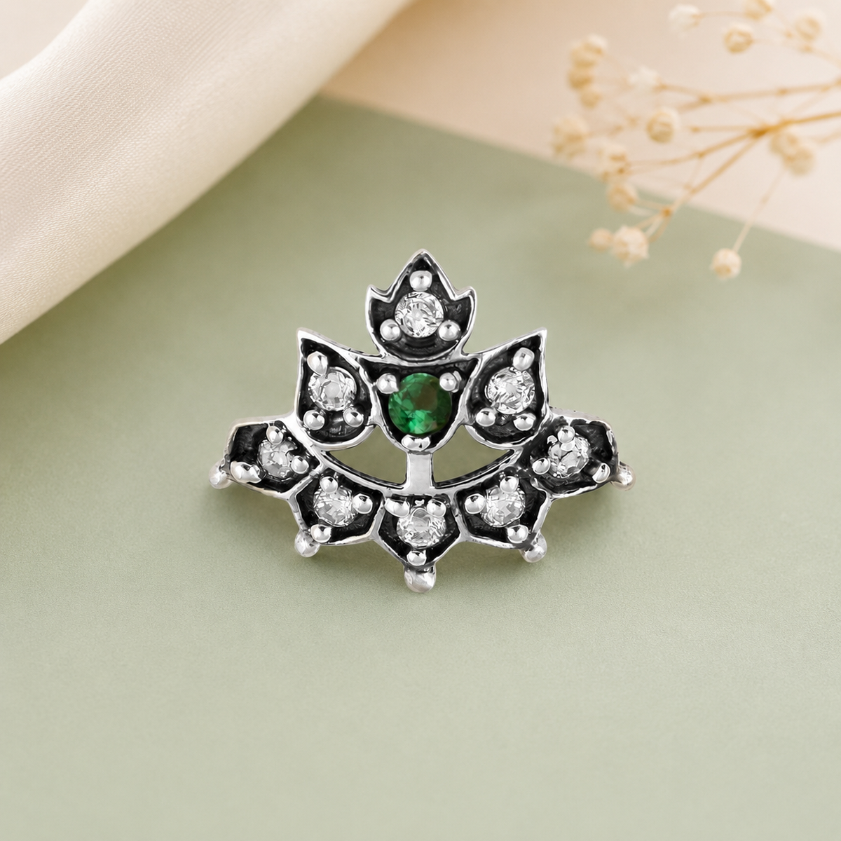 Green & White CZ Accents Lotus Nose Pin - 925 Oxidized Sterling Silver