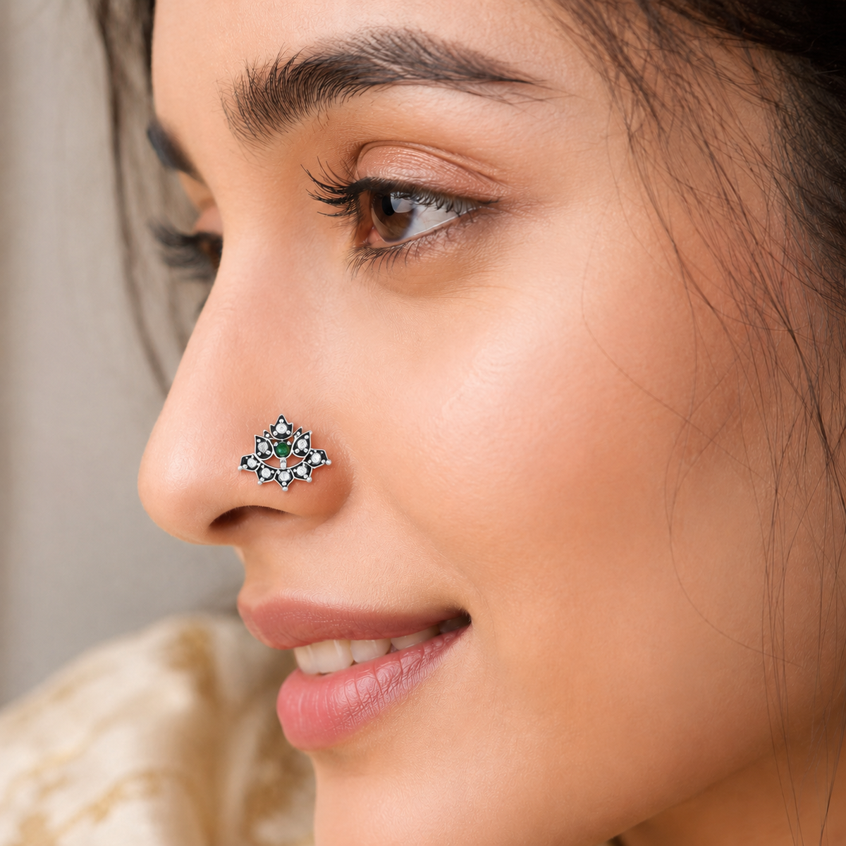 Green & White CZ Accents Lotus Nose Pin - 925 Oxidized Sterling Silver