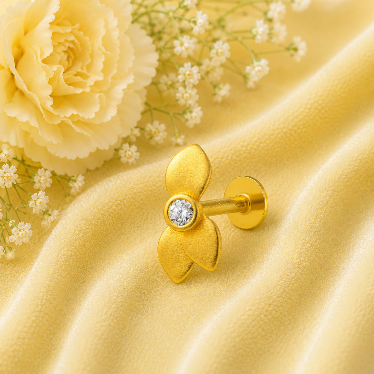 White CZ Center Three-Petal Floral Nose Pin - Sterling Silver Gold Plated