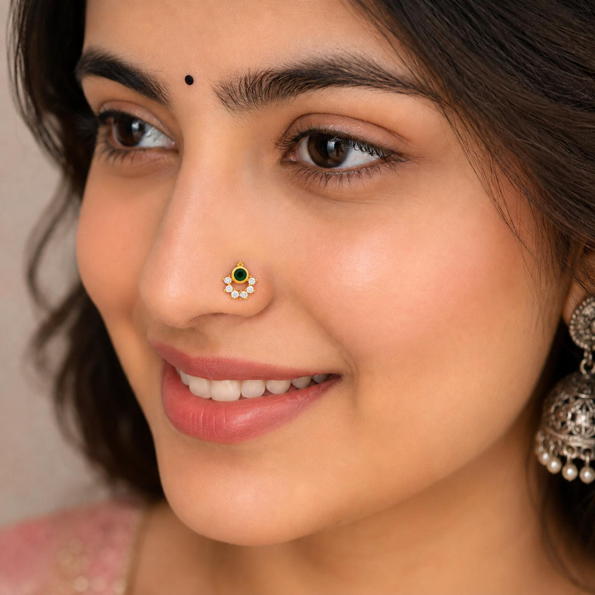 Green CZ Nose Nose Pin - Gold Plated 925 Silver