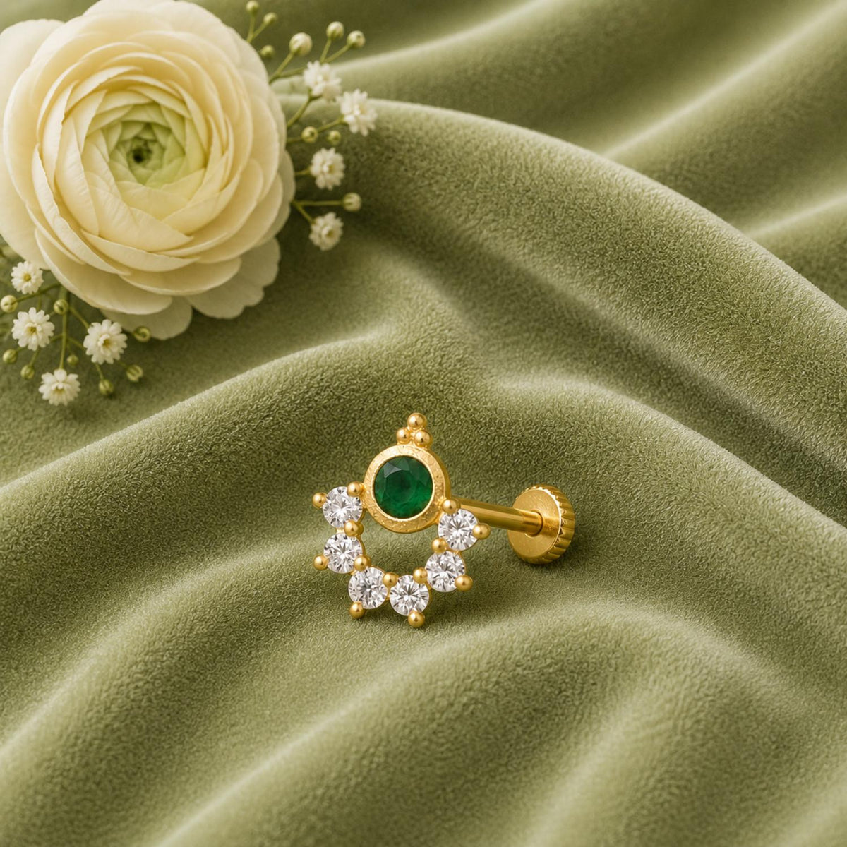 Green CZ Nose Nose Pin - Gold Plated 925 Silver
