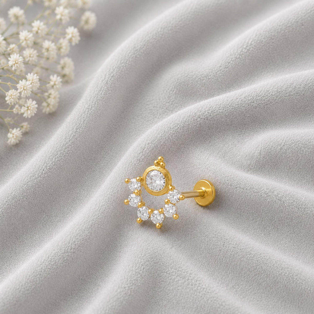 White CZ Crescent Cluster Nose Pin - Sterling Silver Gold Plated
