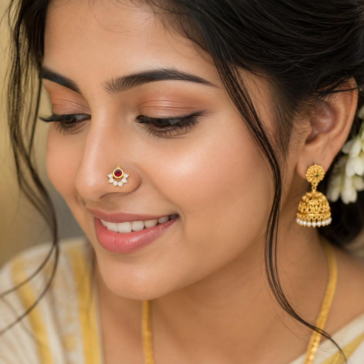 925 Sterling Silver Red CZ Halo Nose Stud - 925 Silver Gold Plated