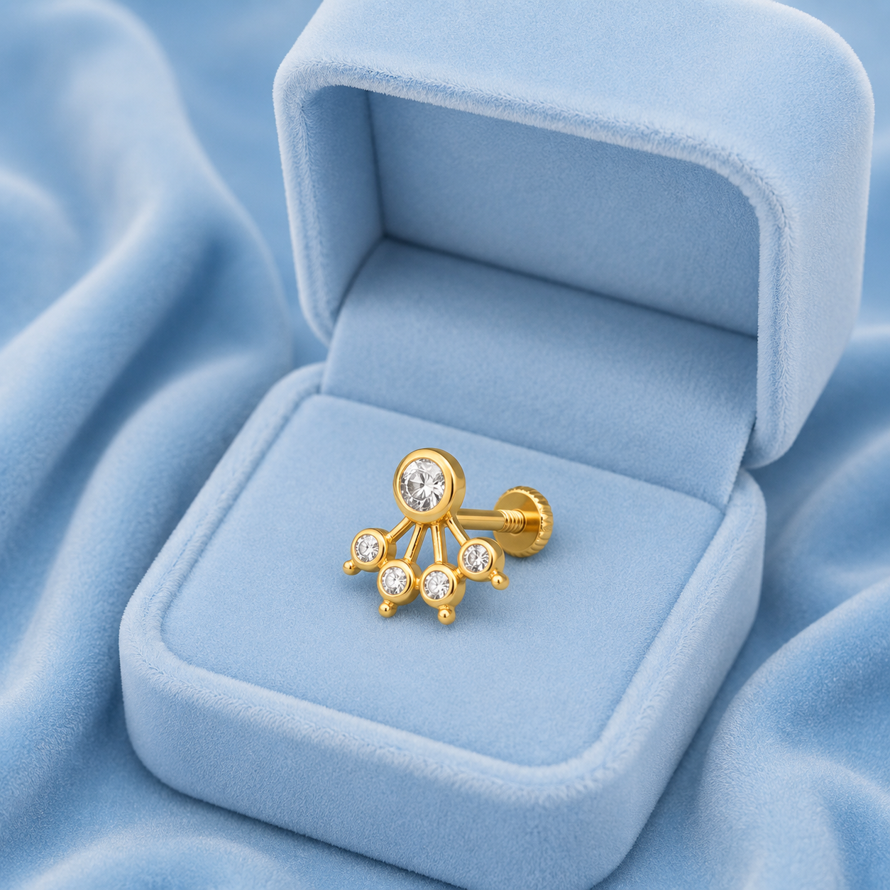 White CZ Five Petal Fan Design Nose Pin - Sterling Silver Gold Plated