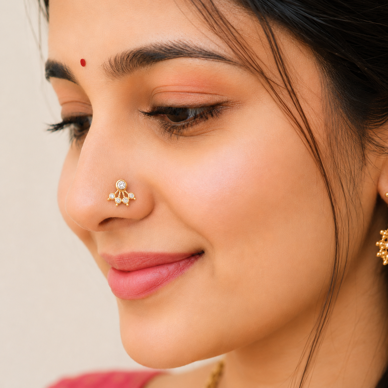 White CZ Five Petal Fan Design Nose Pin - Sterling Silver Gold Plated