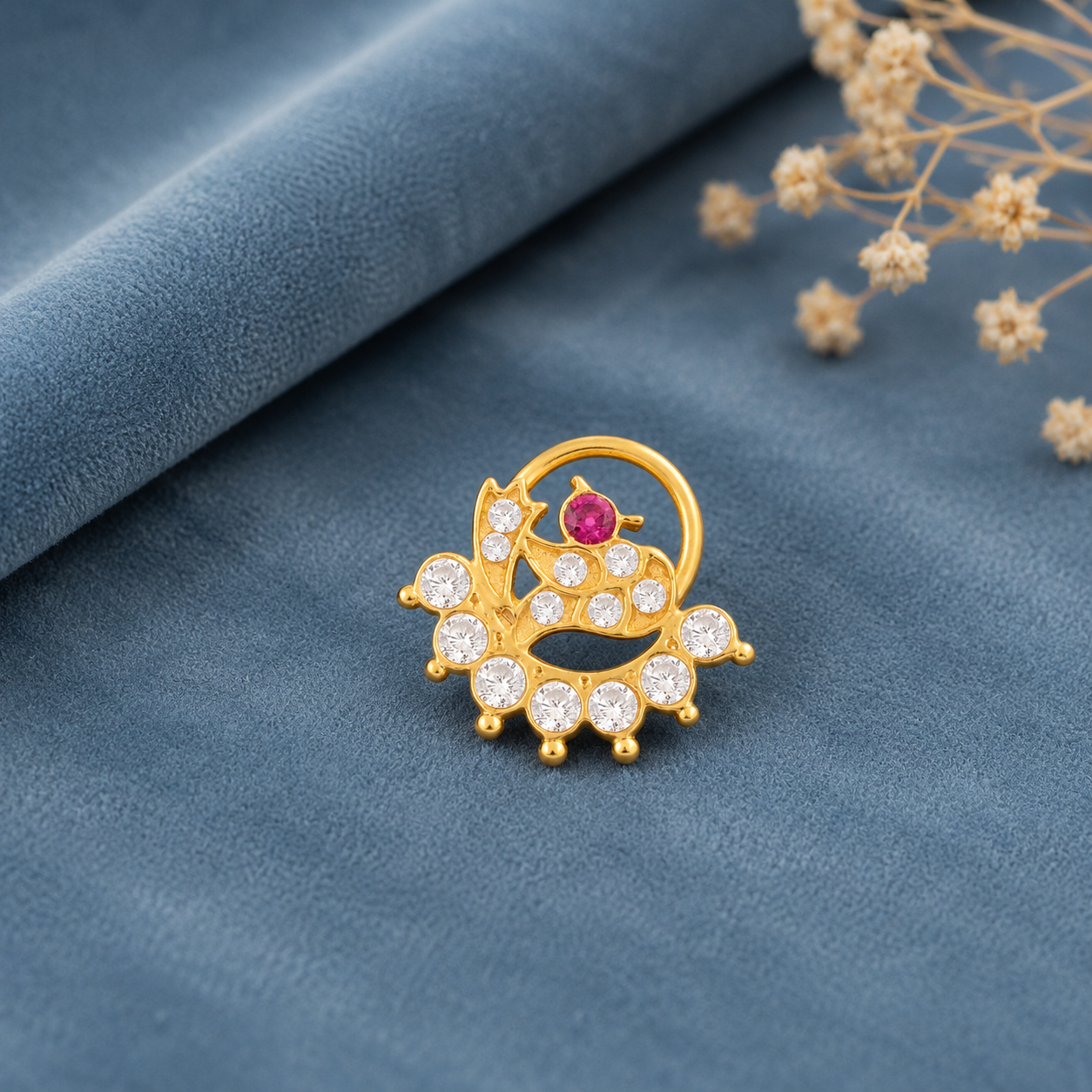 White & Red CZ Peacock Design Nose Pin - Sterling Silver Gold Plated