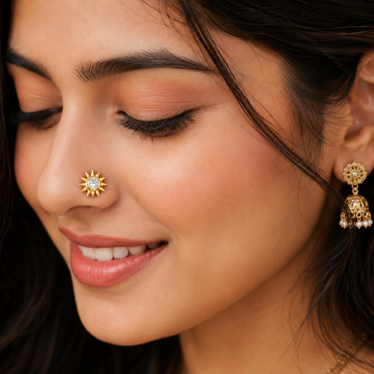 White CZ Center Sunburst Nose Pin – Sterling Silver Gold Plated