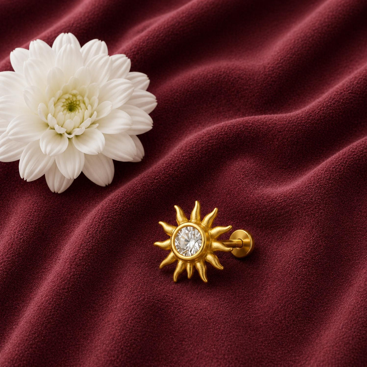 White CZ Center Sunburst Nose Pin – Sterling Silver Gold Plated